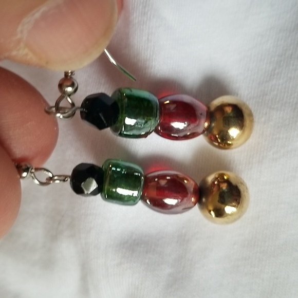 Gold Red And Green Baugle Earrings. Hypoallergenic. #000016 - Picture 3 of 3
